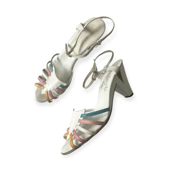 Vintage Amalfi Rangoni Sandals White Multi Strap Italy Block Heels, V-Cut Heels - Picture 1 of 11